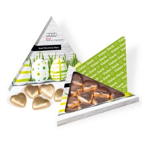 50 g Lindt Schokoherzen im Dreieckspräsent mit Werbedruck