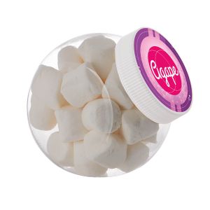 1 Liter Schräghalsglas befüllt mit Marshmallows und mit Werbeetikett