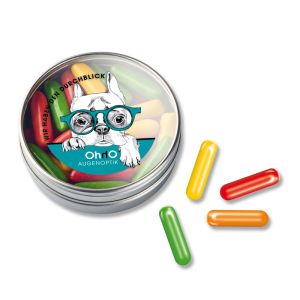 HITSCHIES Confettti Kaubonbons Klarsichtdose mit Logodruck