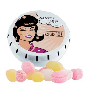 Springdeckeldose mit Fruchtmix Bonbons und mit Logodruck