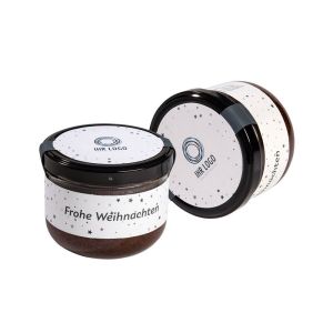 Weihnachts-Schokokuchen im Glas mit Banderole und Deckeletikett