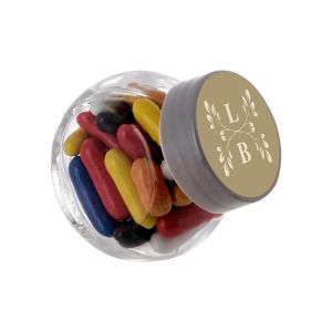50 ml Schräghalsglas befüllt mit Lakritzstäbchen und mit Werbeetikett
