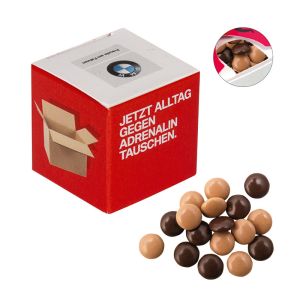 Werbewürfel mit Espresso-Linsen und Logodruck