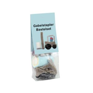 50 g süßes Gabelstapler Bastelset im Standbeutel mit Werbereiter