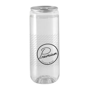 Transparente Werbedose mit Energy Drink still und mit Logodruck