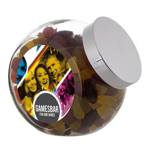 2 Liter Schräghalsglas befüllt mit English Winegums und mit Werbeetikett