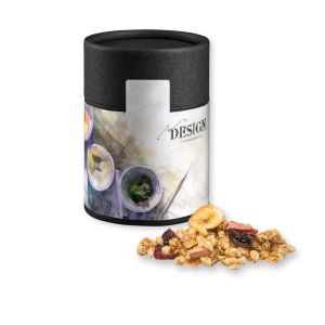 Müsli Knusper Früchte in Kraftpapierdose Midi schwarz mit Werbebanderole