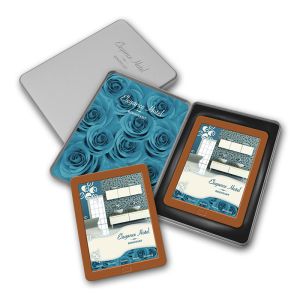 120 g Schokoladentablet mit bedruckbarem Marzipanfondant in Metalldose mit Laserung