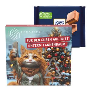 Ritter SPORT Nugat Schokolade in einer Präsentbox mit einer Tannenbaum-Ausstanzung und Werbedruck