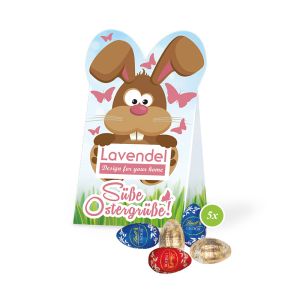 Osterhase-Karton mit Lindt Ostereiern und Werbedruck