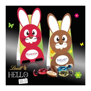 Osterhasen-Aufsteller mit Lindt HELLO und mit Werbebedruckung