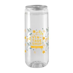 Transparente Werbedose mit Energy Drink spritzig und mit Logodruck