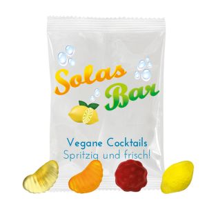 10 g Vegane BIO Mini Früchte im Werbetütchen mit Logodruck