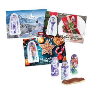 Milka Weihnachtsfiguren auf Werbekarte mit Logodruck