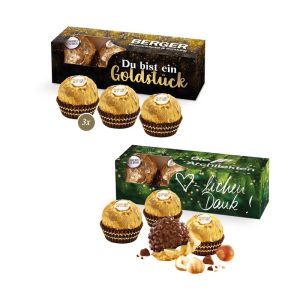 3er Ferrero Rocher Präsent in Werbekartonage mit Logodruck