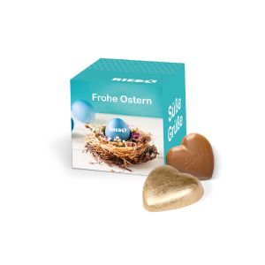 Werbewürfel mit Lindt Schoko-Herzen und Logodruck