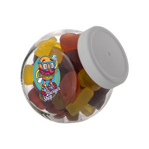 0,4 Liter Schräghalsglas befüllt mit Winegums und mit Werbeetikett