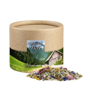 50 g Schweizer Alpenkräuter-Salz in Kraftpapierdose Mini mit Werbeetikett
