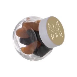 50 ml Schräghalsglas befüllt mit gemischter Lakritze und mit Werbeetikett