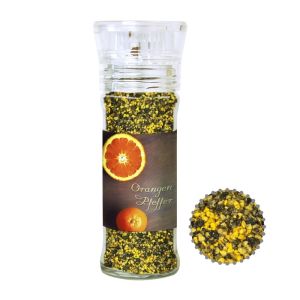 45 g Orangen-Pfeffer in Gewürzmühle mit Werbeetikett