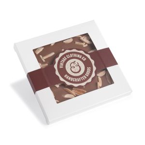 Schokoladentafel handgeschöpft in Sichtfensterkarton mit Werbebanderole