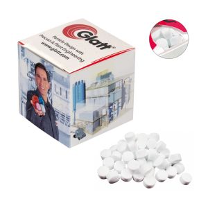 Werbewürfel mit Traubenzucker-Pastillen und Logodruck