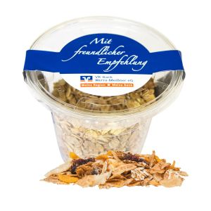 60 g Crunchy Apfel-Cranberry Müsli im Öko-Becher mit Werbeetikett