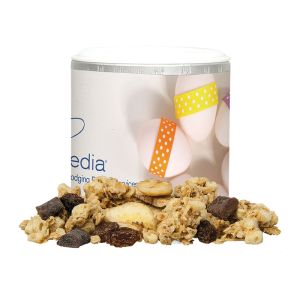 35 g Knusper Banane-Schoko Müsli in Pappdose mit Werbedruck