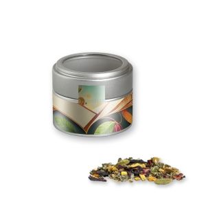 Ayurveda Relax-Tee in silbener Mini Metalldose mit Sichtfenster und Werbebanderole