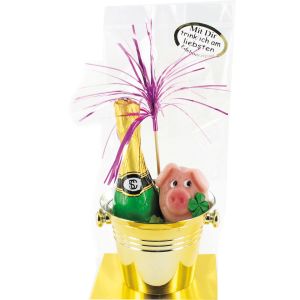 Sektkübel mit Sektflasche und Schwein