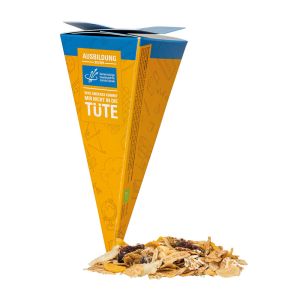 45 g Apfel Cranberry Müsli in eckiger Schultüte mit Werbedruck