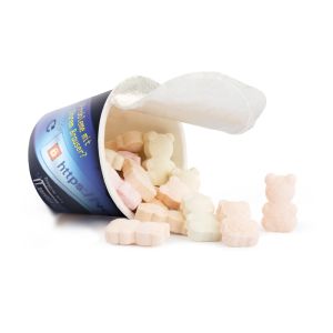 Werbebecher mit Brausebärchen und Werbebanderole