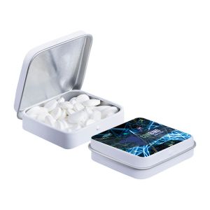 Viereckige Dose mit Pfefferminzpastillen und mit Logodruck