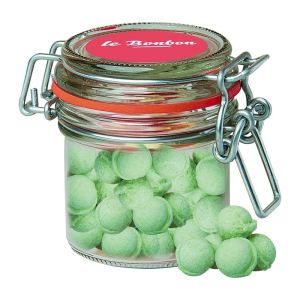 60 g Waldmeister-Brause Bonbons im Mini Bügelglas mit Werbeetikett