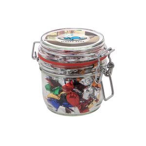 0,25 l Weckglas befüllt mit Metallic Sweets und mit Werbeetikett