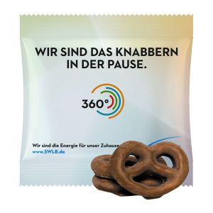 15 g Mini Brezeln mit Schokolade überzogen im Werbetütchen mit Logodruck