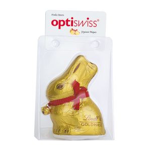 Lindt Osterhase im Standblister mit Werbeetikett
