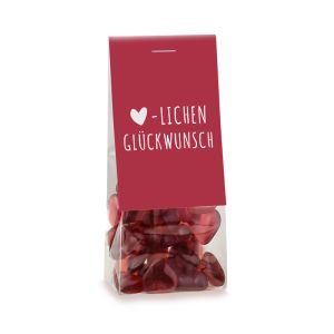 55 g vegane Herzen Fruchtgummis im Naschbeutel mit Werbereiter