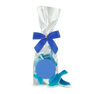 80 g blau weiße Fruchtgummi-Haifische im Flachbeutel mit Werbeetikett