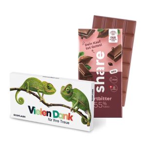 100 g Tafel share Zartbitter 55 % in Versandkartonage mit Werbedruck