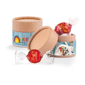 Mini Papierdose Lindt Lindor Milch Kugeln mit Papieretikett und Logodruck