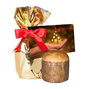 Rosinen Panettone in Gold-Folie mit Werbekarte und Werbedruck