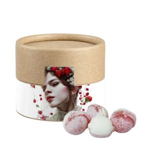 45 g Erdbeer-Joghurt Bonbons in Eco Pappdose Mini mit Werbebanderole