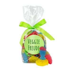 250 g Fruchtgummi-Veggie-Mix im Flachbeutel mit Werbeetikett