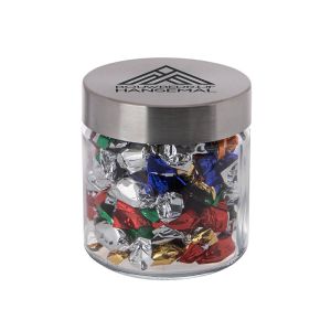 0,35 l Glastiegel befüllt mit Metallic Sweets und Werbedruck