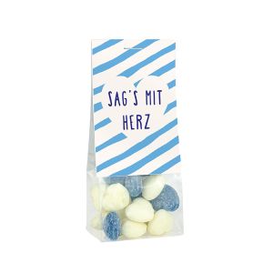 40 g blaue und weisse Bonbon-Herzen in Naschtasche mit Werbereiter