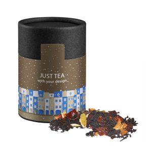60 g Bio Weihnachts-Schwarztee in Kraftpapierdose Midi schwarz mit Werbeetikett