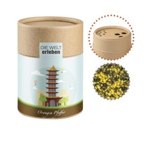 75 g Orangen-Pfeffer in Eco Pappstreuer Maxi mit Werbebanderole