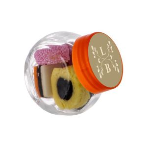 50 ml Schräghalsglas befüllt mit Englischer Lakritze und mit Werbeetikett