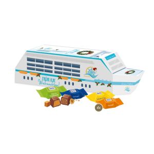 3D Präsent Schiff mit Ritter SPORT Schokowürfel und Rundum-Werbedruck